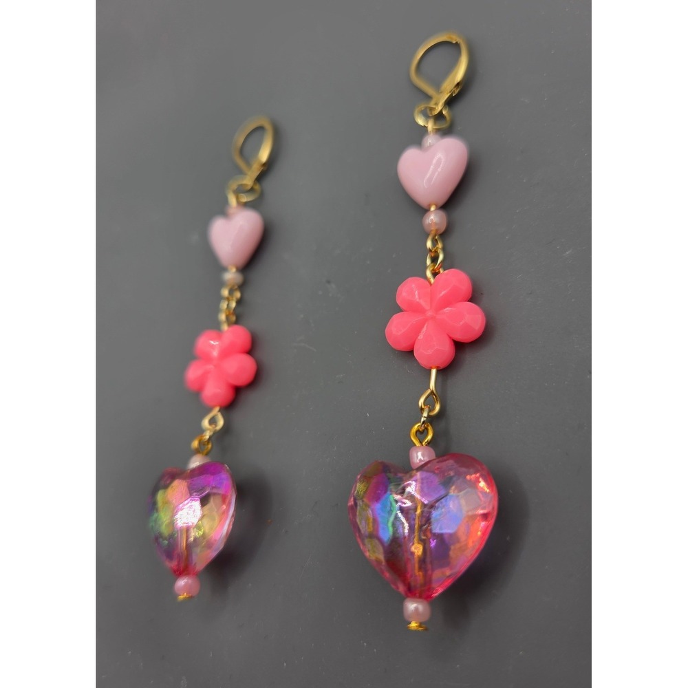 Handmade Earrings Gold Tone Pink Floral Heart Drop Dangle Leverback Kidcore - Picture 4 of 8